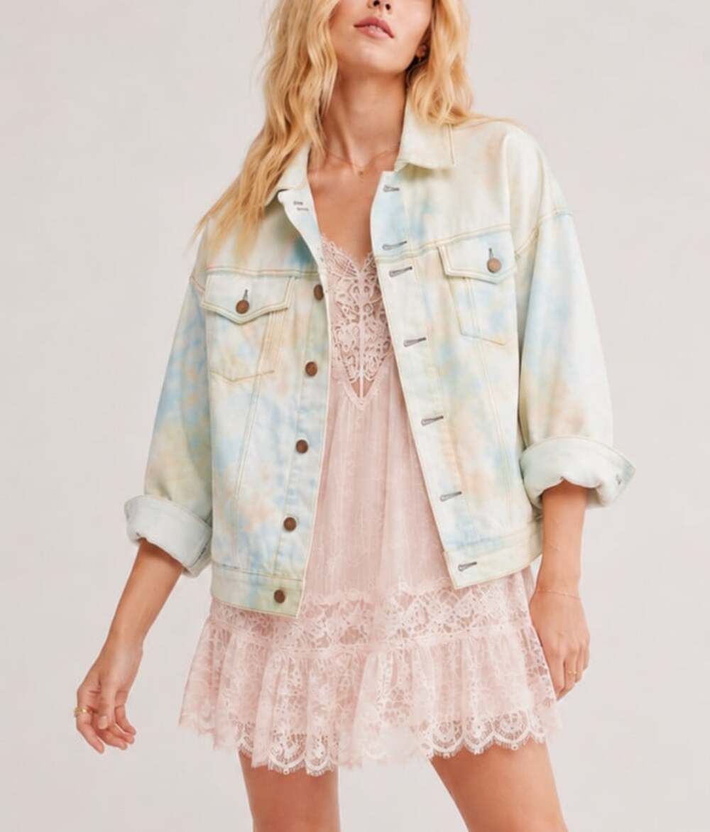 Free People Denim Trucker Jean Jacket Tie Dye Liberty Wash Oversized - XS - Picture 1 of 7